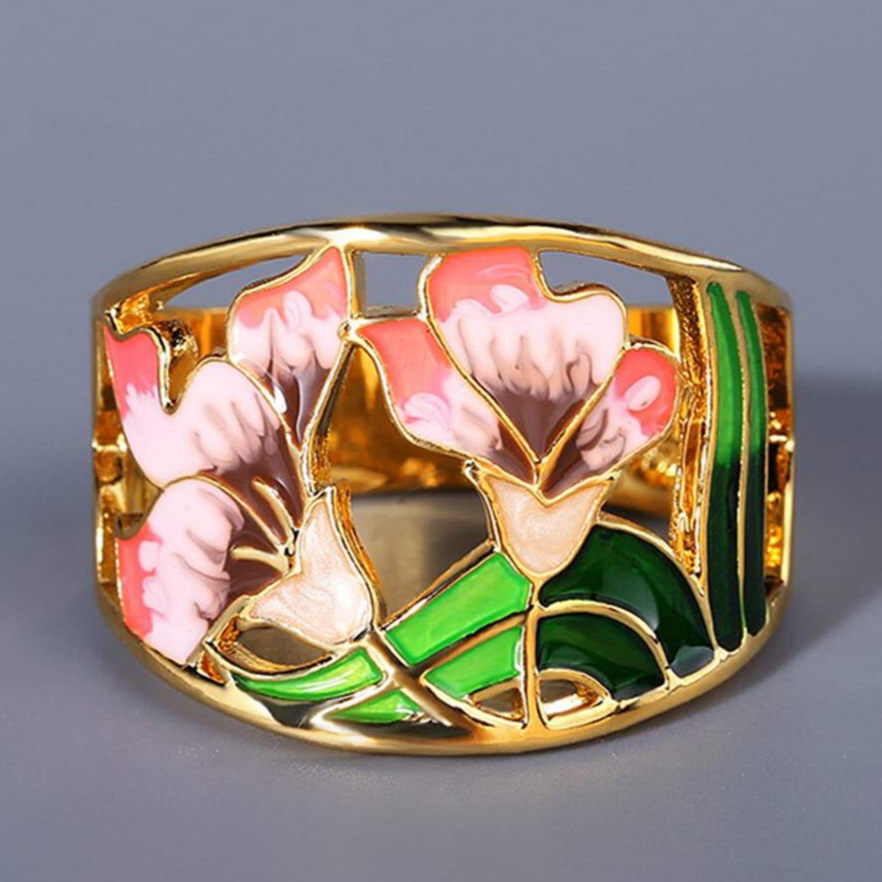 Bague Fleur Émaillée Dorée Vintage